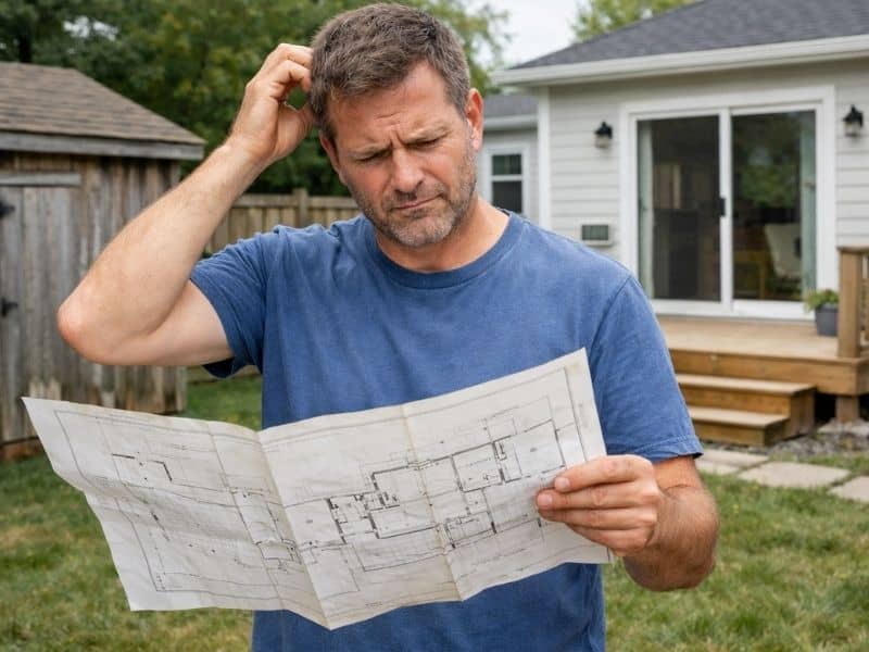 Updated property survey homeowner checking property plans