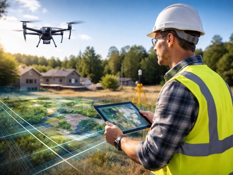 Surveyor using drone technology and digital terrain models to collect data during a LiDAR mapping project.