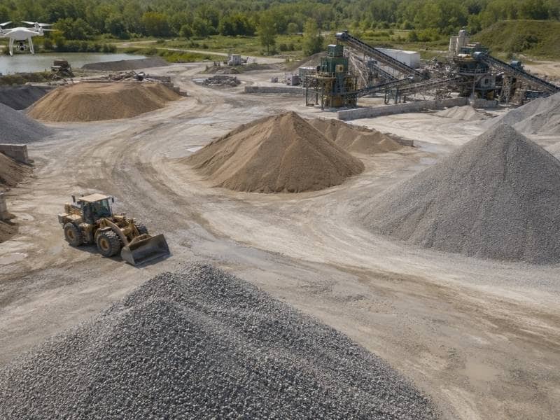 Oblique aerial view of gravel and sand stockpiles mapped at an active aggregate material yard