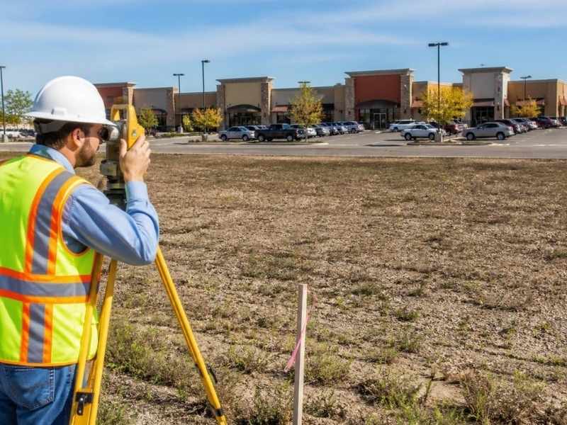 Surveyor performing an ALTA Survey on commercial land near retail development in Phoenix Arizona