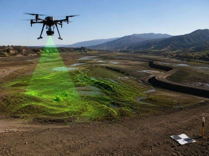 Survey drone collecting LiDAR data over a valley site monitored for gradual ground subsidence