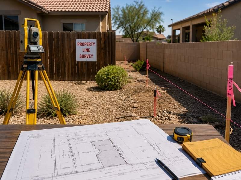 Boundary surveying in Phoenix AZ showing a fence and marked property line after a neighbor dispute
