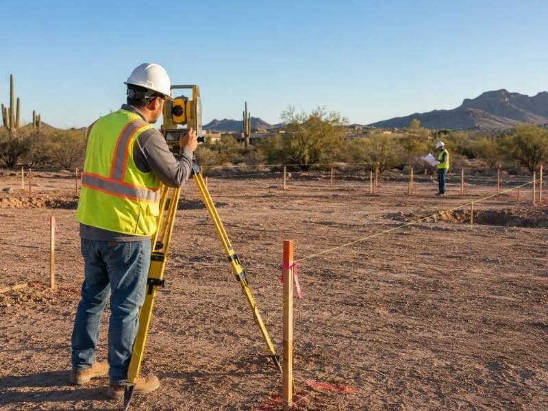 Construction Survey crew marking foundation layout points on a graded job site in Phoenix, Arizona